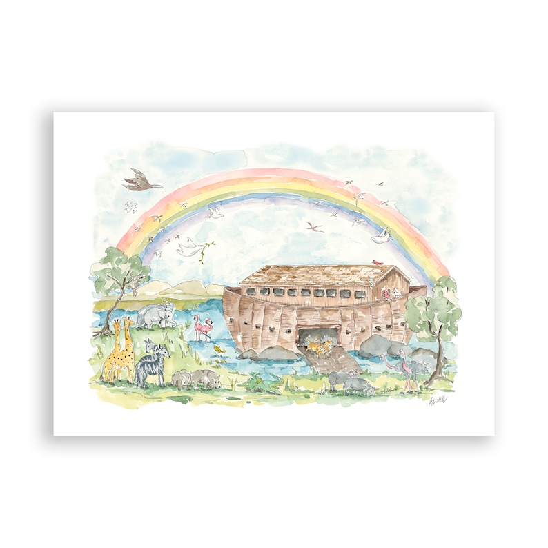May include: A watercolor painting of Noah's Ark with a rainbow above it.  Animals are entering the ark, including giraffes, elephants, and birds.  The ark is brown and has a wooden roof.  The background is a blue sky with white clouds.