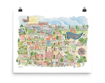 Auburn University Campus Map Large Watercolor Art Print
