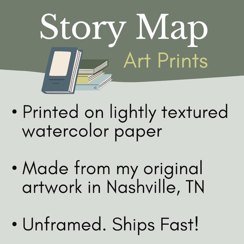 May include: A stack of books with a blue cover and the text "Story Map Art Prints" printed on a light green background. The text below the books reads: "Printed on lightly textured watercolor paper", "Made from my original artwork in Nashville, TN", and "Unframed. Ships Fast!"