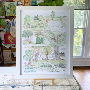May include: A watercolor illustration of a map of the Hundred Acre Wood from Winnie the Pooh. The map shows the locations of Pooh Bear's house, Piglet's house, Owl's house, Christopher Robin's house, and Eeyore's Gloomy Place. The text on the map reads: "Hundred Acre Wood, You are braver than you believe, stronger than you seem, and smarter than you think."