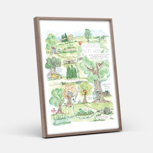 May include: A watercolor illustration of a map of Hundred Acre Wood from Winnie the Pooh. The map shows the locations of Pooh Bear's house, Piglet's house, Rabbit's house, Owl's house, and Eeyore's house. The map also includes a path, a river, and a tree.
