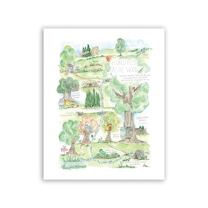 May include: A watercolor illustration of a map of the Hundred Acre Wood from Winnie the Pooh. The map shows the locations of various characters' homes, including Pooh Bear's house, Piglet's house, and Eeyore's Gloomy Place. The map also includes a quote from the book: "You are braver than you believe, stronger than you seem, and smarter than you think."