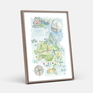May include: A watercolor illustration of Peter Pan's Neverland. The map features a compass, a pirate ship, a mermaid lagoon, a skull rock, and a clock tower. The text "Peter Pan's Neverland" is written in a whimsical font.