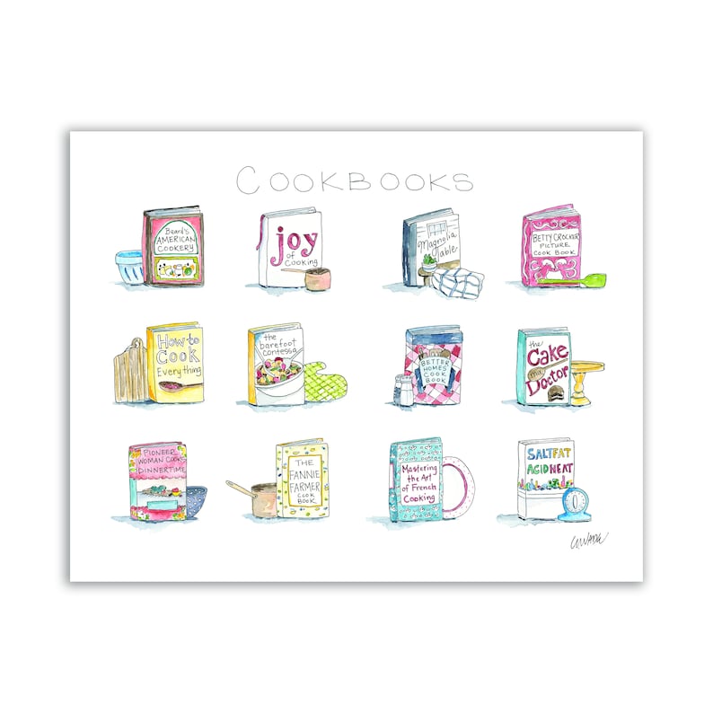 Puede incluir: Una ilustraci&oacute;n de acuarela de 12 libros de cocina con t&iacute;tulos como "La alegr&iacute;a de cocinar", "La Contesa Descalza", "El Doctor Pastel" y "Dominar el arte de la cocina francesa".
