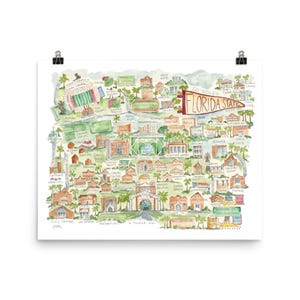 May include: Watercolor map print of Florida State University campus, featuring buildings, landmarks, and green spaces. The print includes the words "Florida State" on a banner and various campus locations.