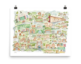Florida State University Campus Map Large Watercolor Art Print