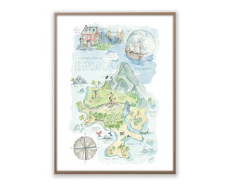 Peter Pan&#39;s Neverland Watercolor Map Art Print