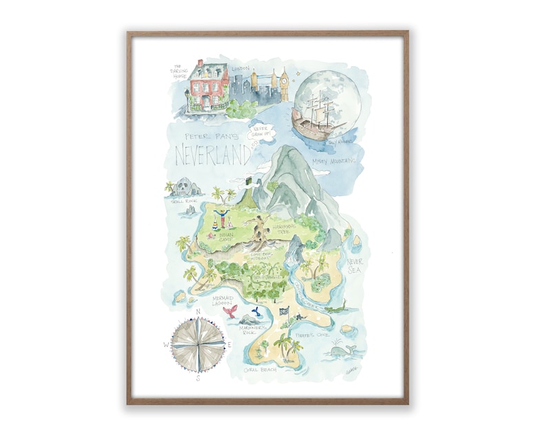 May include: A watercolor illustration of Peter Pan's Neverland. The map features a compass, a pirate ship, a lagoon, a skull rock, a mermaid lagoon, a clock tower, and the words "Peter Pan's Neverland".