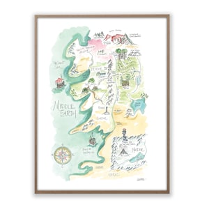 May include: A watercolor illustration of a map of Middle Earth, a fictional land from the Lord of the Rings books. The map shows various locations, including the Shire, Mordor, and Gondor. The map is surrounded by a brown frame.