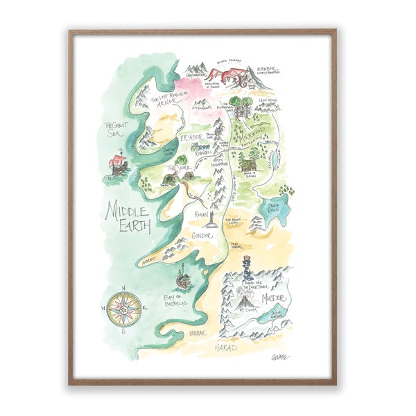 Lord of the Rings Middle Earth Tolkien Watercolor Art Map Print