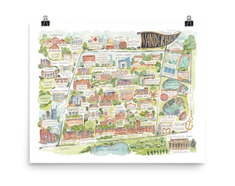 Vanderbilt University Campus Map Large Watercolor Art Print