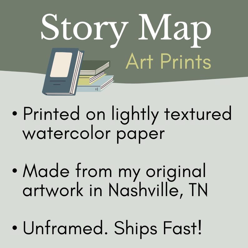 Puede incluir: Una pila de libros con una cubierta azul y el texto "Story Map Art Prints" impreso sobre un fondo verde claro. El texto debajo de los libros dice: "Impreso en papel de acuarela ligeramente texturizado", "Hecho a partir de mi obra de arte original en Nashville, TN", y "Sin enmarcar. &iexcl;Env&iacute;o r&aacute;pido!"