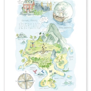 May include: A watercolor illustration of Peter Pan's Neverland, a fictional island with a map showing various locations like Skull Rock, Mermaid Lagoon, and Pirate's Cove. The map also includes text like "Never Grow Up!" and "Misty Mountains".