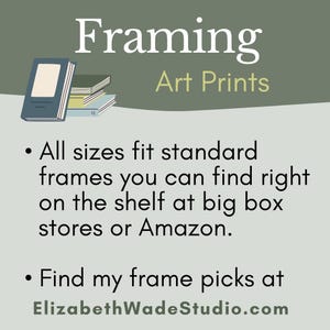 Puede incluir: Un gr&aacute;fico con el texto "Framing Art Prints" y una pila de libros. El texto debajo dice: "Todos los tama&ntilde;os se ajustan a los marcos est&aacute;ndar que puedes encontrar directamente en los estantes de las grandes tiendas o en Amazon. Encuentra mis selecciones de marcos en ElizabethWadeStudio.com."