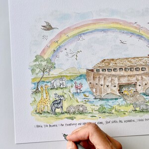 May include: A watercolor painting of Noah's Ark with a rainbow above it. The ark is filled with animals, including giraffes, zebras, elephants, and hippos. The text below the ark reads "I praise you because I am fearfully and wonderfully made, your works are wonderful, I know that".