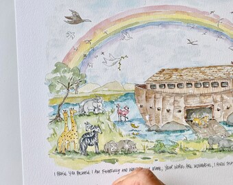 Debbie Kingston Baker Noah's Ark 水彩　絵画 Debbie Kingston Baker Noah's Ark Signed Large White Frame