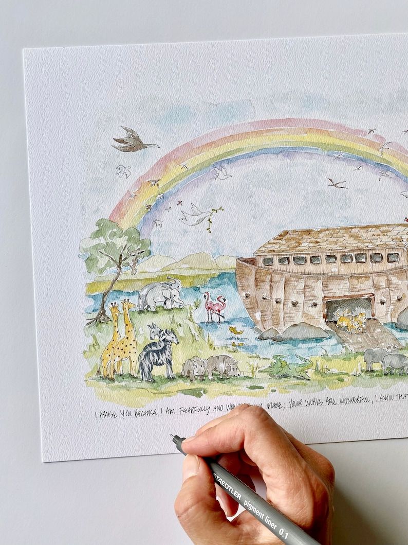 May include: A watercolor painting of Noah's Ark with a rainbow above it. The ark is filled with animals, including giraffes, zebras, elephants, and hippos. The text below the ark reads "I praise you because I am fearfully and wonderfully made, your works are wonderful, I know that".