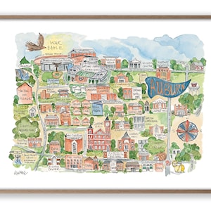 Auburn Alabama Campus Map Watercolor Art Print Football