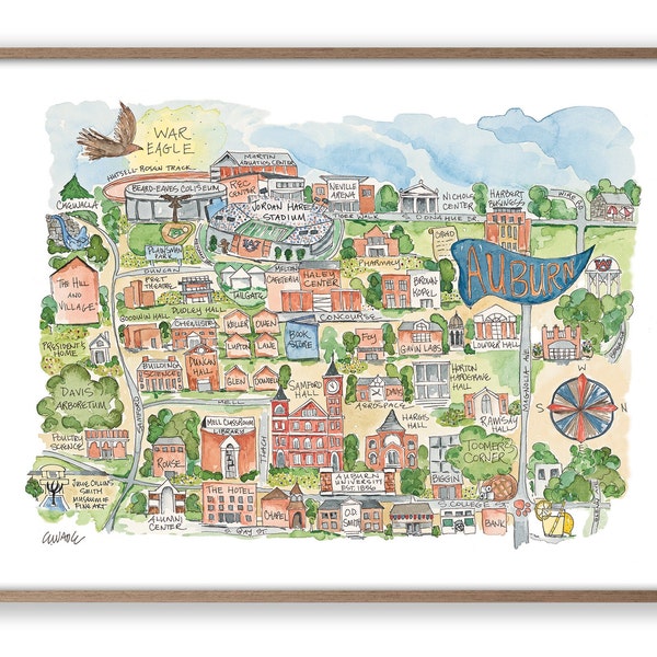 Auburn Alabama Campus Map Watercolor Art Print Football