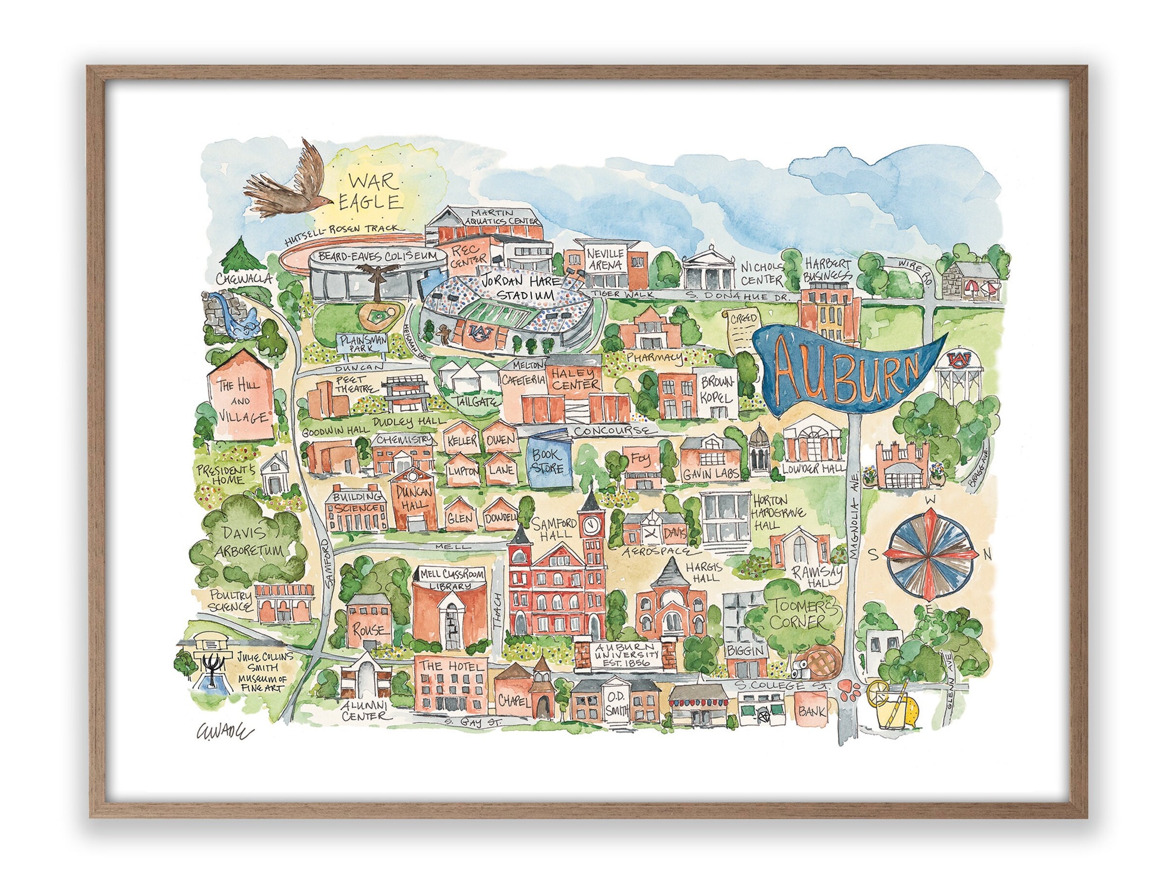 Auburn Alabama Campus Map Watercolor Art Print Football