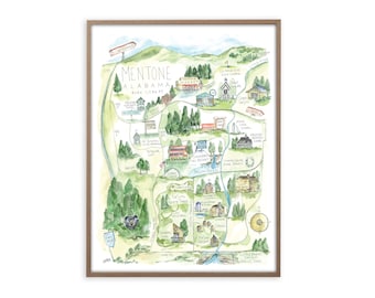 Mentone, Alabama Town Watercolor Map Art Print