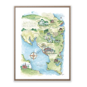 May include: A watercolor illustration of a map of Prince Edward Island, Canada, with the title "Anne of Green Gables". The map shows various locations from the book series, including Green Gables, Avonlea, and the Cavendish coastline.
