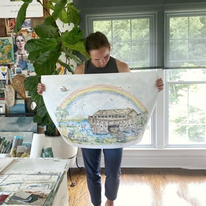 May include: A watercolor painting of Noah's Ark with a rainbow above it. The ark is surrounded by animals, including a deer, a bird, and a giraffe. The painting is on a white background.