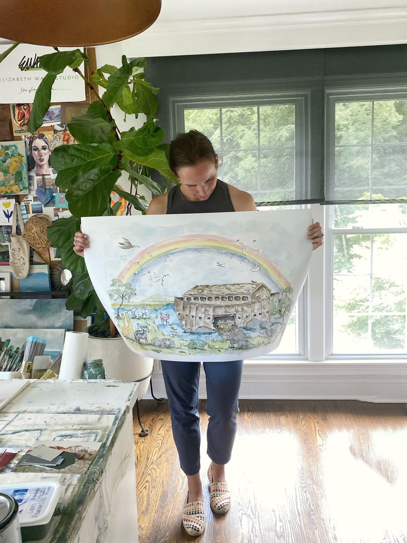 May include: A watercolor painting of Noah's Ark with a rainbow above it. The ark is surrounded by animals, including a deer, a bird, and a giraffe. The painting is on a white background.