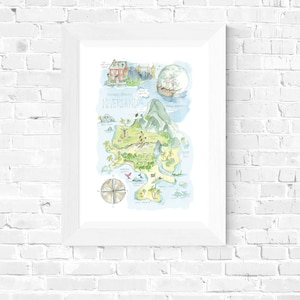 May include: A watercolor illustration of Peter Pan's Neverland. The map shows the island with various landmarks, including Skull Rock, Mermaid Lagoon, and Captain Hook's ship.