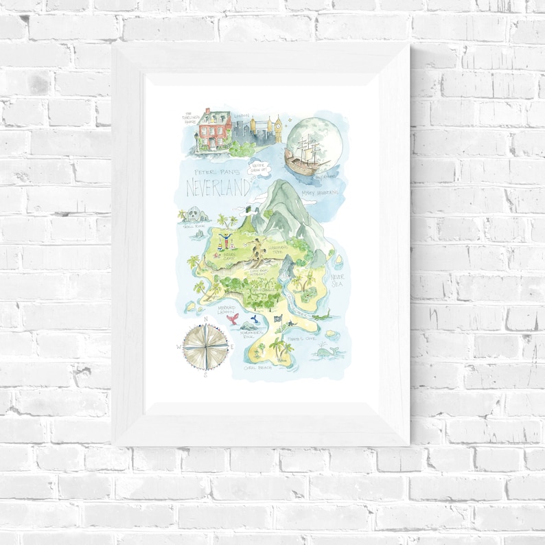 May include: A watercolor illustration of Peter Pan's Neverland. The map shows the island with various landmarks, including Skull Rock, Mermaid Lagoon, and Captain Hook's ship.