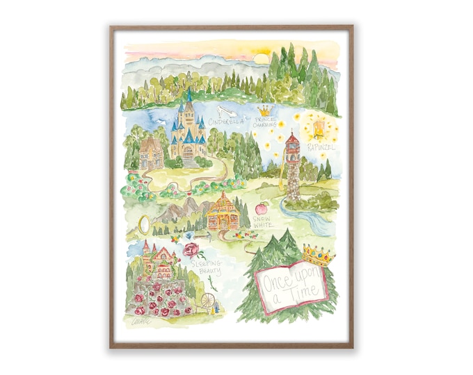 Once Upon A Time Princess Watercolor Map Art Print