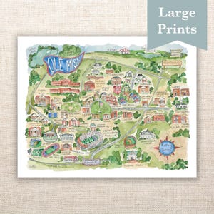 Ole Miss University of Mississippi Watercolor Campus Map Art Poster