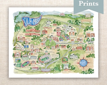 Ole Miss University of Mississippi Watercolor Campus Map Art Poster