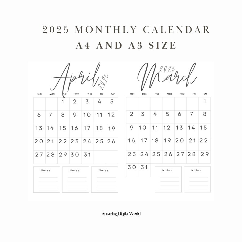 2025 Monthly Calendar Printable - Minimalist Planner With Notes, Clean ...