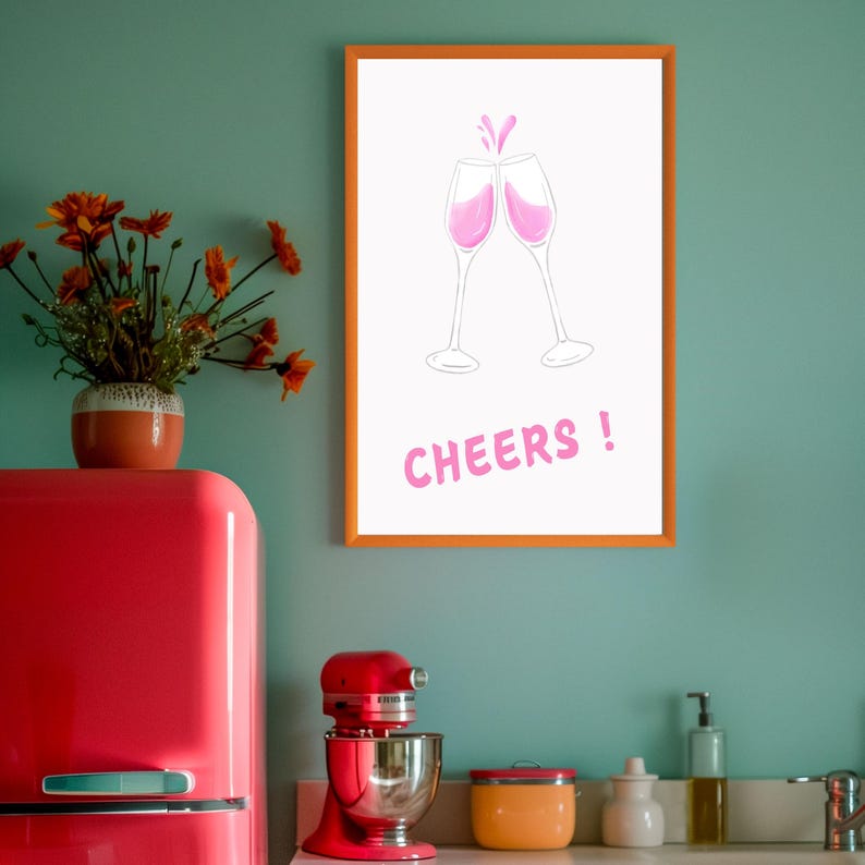 Cheers Bar Decor Pink Retro Kitchen Wall Art Poster, Aesthetic Digital