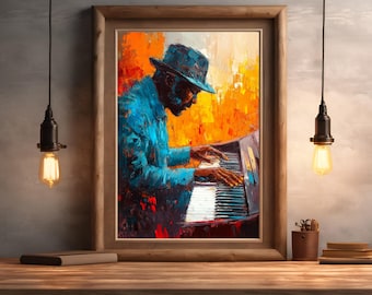 May include: A painting of a person wearing a blue hat and a blue jacket playing a keyboard. The background is a yellow and orange abstract design.