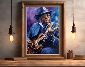 May include: A painting of a man playing a guitar. He is wearing a blue suit and a hat. The background is a purple and blue watercolor wash.