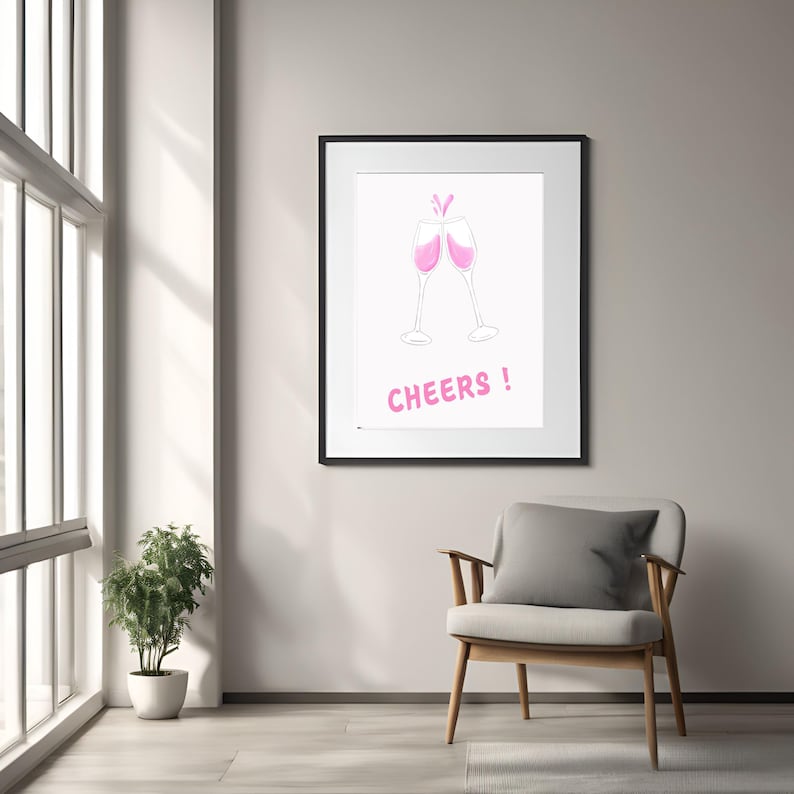 Cheers Bar Decor Pink Retro Kitchen Wall Art Poster, Aesthetic Digital
