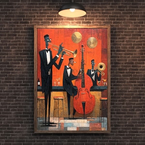 Può includere: Una stampa artistica incorniciata raffigurante una band jazz in un bar. L'opera presenta quattro musicisti in abiti neri, che suonano una tromba, un trombone e un contrabbasso. Lo sfondo è arancione con accenti dorati, in un bar poco illuminato.