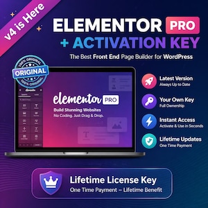 Może przedstawiać: Obraz promocyjny Elementor Pro, kreatora stron front-end dla WordPress. Obraz przedstawia laptopa wyświetlającego interfejs Elementor Pro, z tekstem podkreślającym funkcje takie jak natychmiastowy dostęp i dożywotnie aktualizacje. Tło to gradient fioletu i niebieskiego.