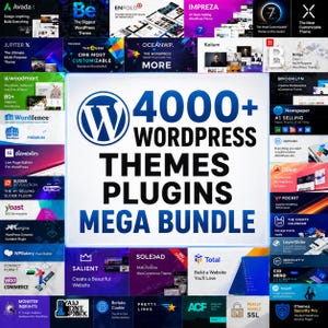 Puede incluir: Imagen promocional que muestra un mega paquete de más de 4000 temas y plugins de WordPress. El texto central destaca la gran cantidad de temas y plugins disponibles. Varios logotipos y nombres de temas y plugins de WordPress se muestran alrededor del texto central.