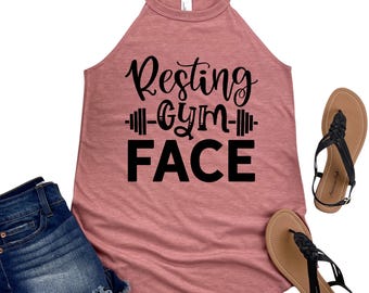 Resting Gym Face Tank Top - Funny High Neck Workout Shirt for Women - Gym Humor Fitness Apparel - Womans Strength Training Motivation Gift