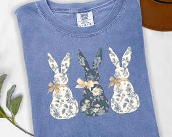 Comfort Colors® Floral Blue Bunny Shirt, Cute Easter Bow Tee, Trendy Bunny Women's Top, Coquette Easter Bunny Shirt, Gift for Her