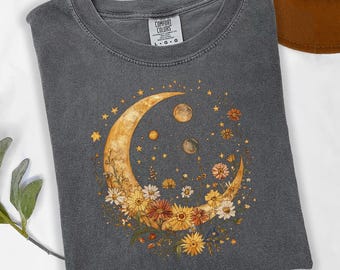 Floral Crescent Moon Shirt, Boho Celestial Comfort Colors® Tee, Sun and Moon Graphic Tee, Witchy Nature Shirt, Mystical Lunar Gift