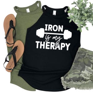 Iron is My Therapy Tank Top - Women’s Fitness Shirt - Weightlifting Gym Apparel - Funny Workout Top - Womans Motivational Fitness Tank