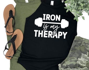 Iron is My Therapy Tank Top - Women’s Fitness Shirt - Weightlifting Gym Apparel - Funny Workout Top - Womans Motivational Fitness Tank