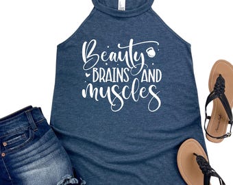 Beauty Brains and Muscles Tank Top - Gym Workout Shirt for Women - Fitness Motivation Shirt - Strength Training Gift for Her - Weightlifting