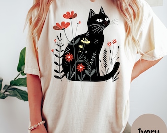 Black Cat Floral Comfort Colors Tee - Cat Lover Gift