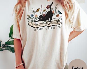 Cat Reading Book Comfort Colors Tee - Bookworm Librarian Gift