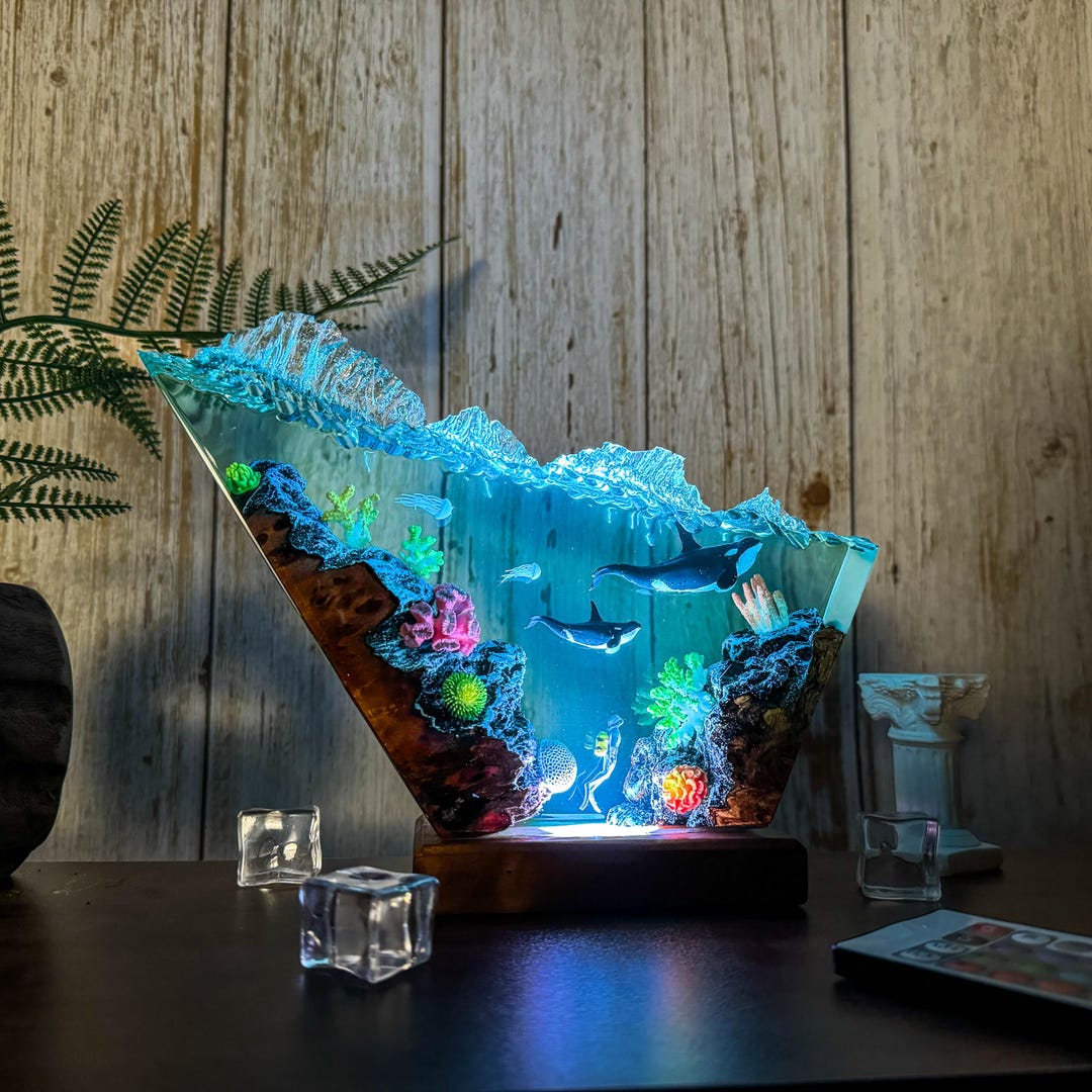Ocean Wave Resin Lamp – Orca Family LED Coastal Night Light With Coral ...